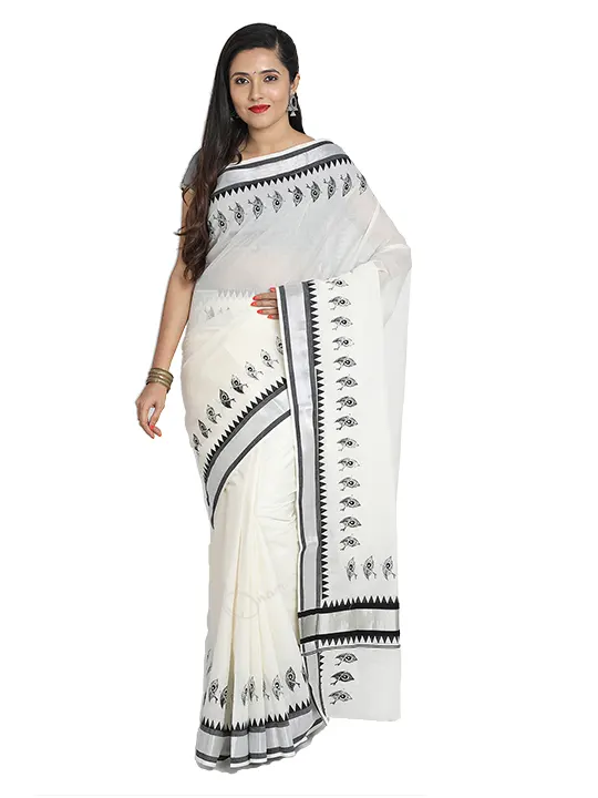 Buy Wearytale Kerala Pure Handloom Silver Tissue Kasavu Saree With Black  Temple Run Border And Silver Zari Border at Amazon.in