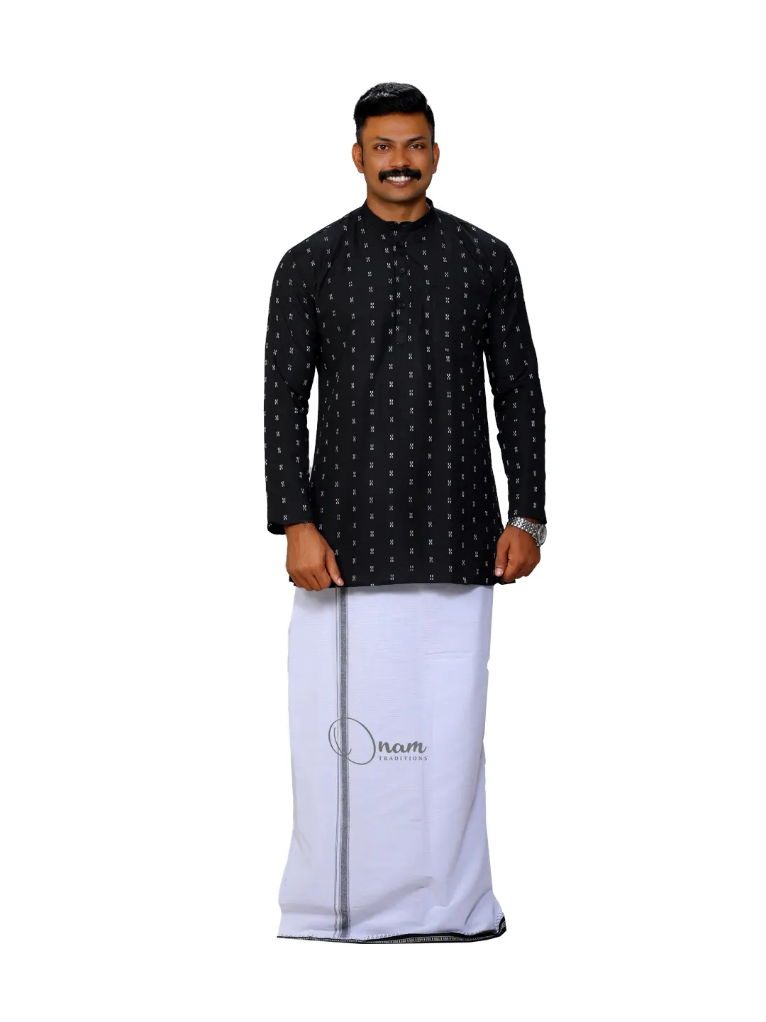 Looms Combo - Men's Black Jubba With Kuppadam White Dhothi Size:44, Color: Black
