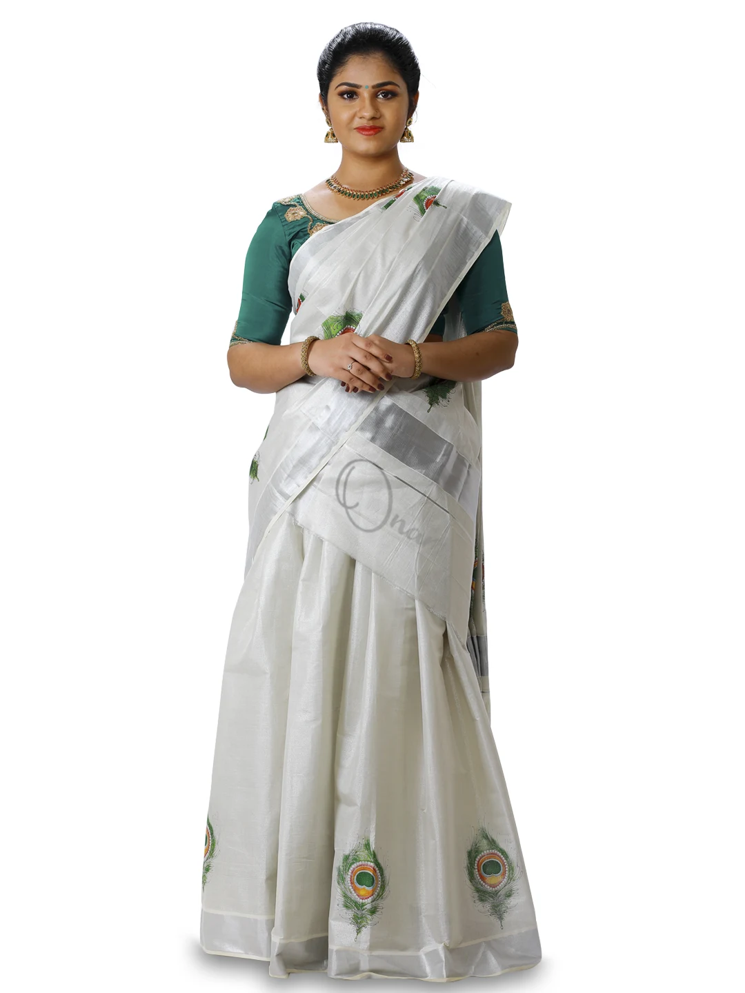 Traditional Silver Tissue Dhavani Set With Mayilpeeli Design