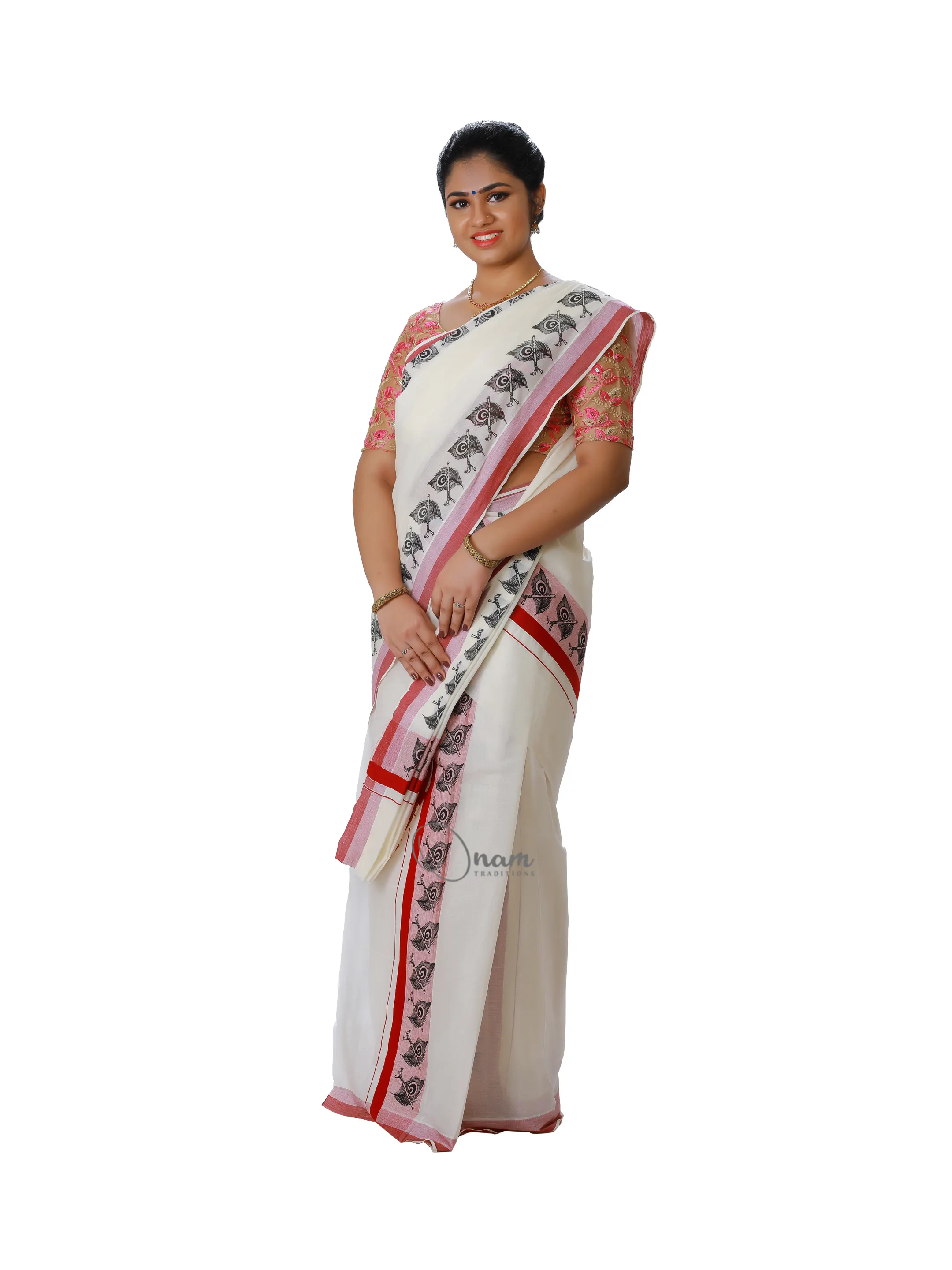 Looms Kerala Traditional Women dhothi Set Mundu Length 5.25 Meters Without Blouse Material Border Color Maroon