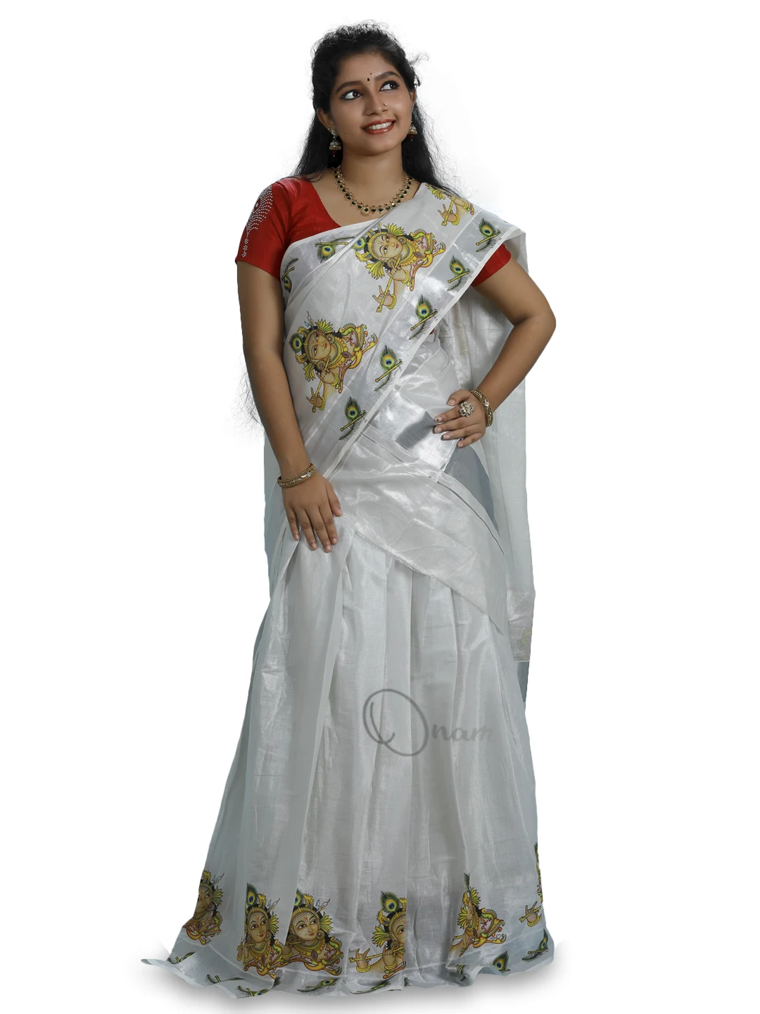 Kerala Tissue Stitched Dhavani Set with Blouse Piece and Neriyathu in –  Southloom Handmade and Organics