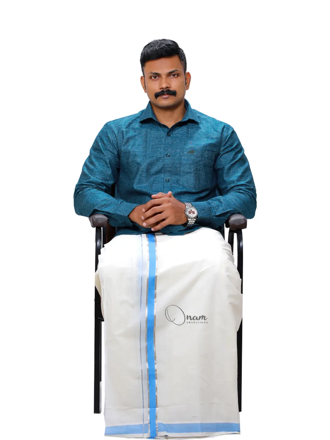 Dhotis Kerala Traditional Men's Cotton Double Dhothi With Kasavu And Color  Border Combination Color:Silver & Light Blue