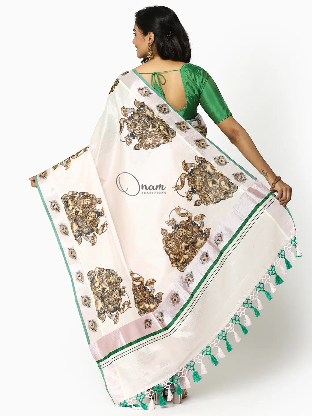 Silver Tissue Kasavu Saree With Peacock Feather Embroidery at Soch